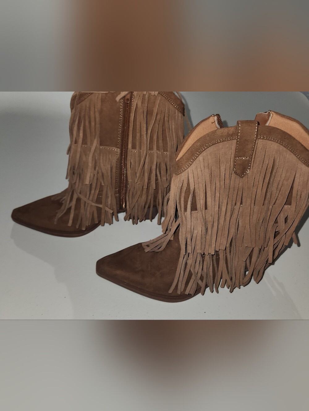 Universal Thread Fringe Faux Suede Pointed-Toe Ankle Boots - Brown Size 6.5 - Picture 5 of 8